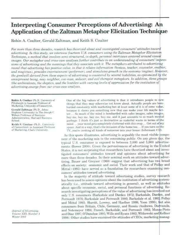 Interpreting Consumer Perceptions of Advertising: An Application of the Zaltman Metaphor Elicitation Technique