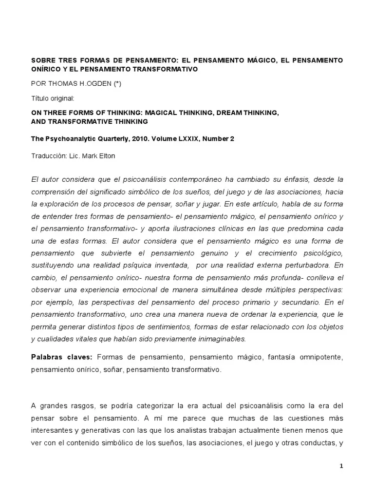 Sobre tres formas de pensamiento: el pensamiento mágico, el pensamiento onírico y el pensamiento transformativo