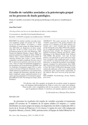 Estudio de variables asociadas a la psicoterapia grupal en los procesos de duelo patológico